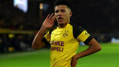 Jadon Sancho of Borussia Dortmund celebrates scoring a goal. (Getty)
