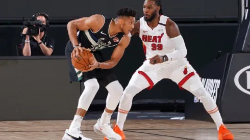 Jae Crowder guarding Giannis Antetokounmpo. (Getty)
