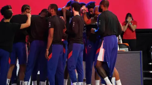 The Philadelphia 76ers before a game in the bubble. (Getty)
