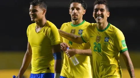 Thiago Silva, Marquinhos and Roberto Firmino celebrate. (Getty)
