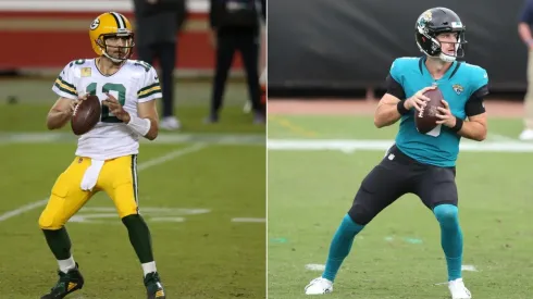 Green Bay Packers' Aaron Rodgers (left) and Jacksonville Jaguars' Jake Lutton (right). (Getty)
