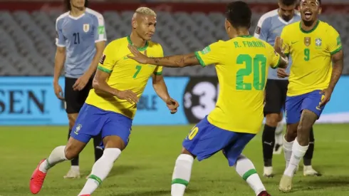 Richarlison celebrates after scoring Brazil's second goal against Uruguay. (Getty)
