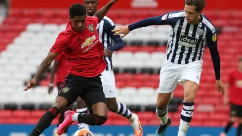 Marcus Rashford of Manchester United (left) in action during a practice match between Manchester United and West Bromwich. (Getty)
