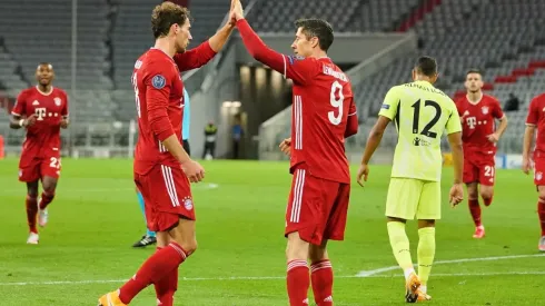 Leon Goretzka (left) and Robert Lewandowski (right) celebrate during Bayern 4-0 win over Atlético. (Getty)
