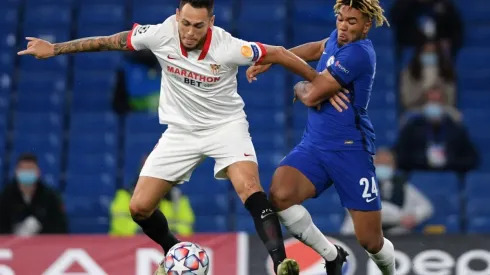 Lucas Ocampos of Sevilla (left) battles for possession with Reece James of Chelsea (Getty).
