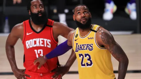 James Harden and LeBron James during the NBA bubble. (Getty)
