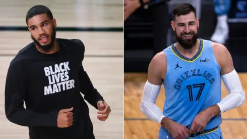 Jayson Tatum (left) and Jonas Valanciunas (right). (Getty)
