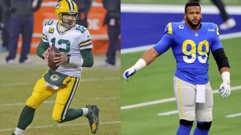 Aaron Rodgers (left) and Aaron Donald (right) will clash in the NFC Divisional round. (Getty)
