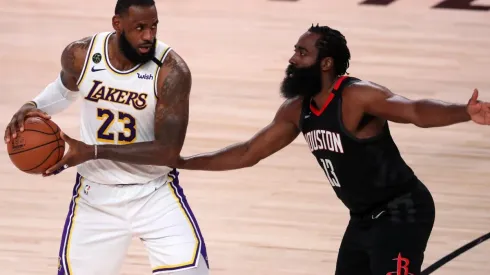 LeBron James and James Harden during the bubble. (Getty)
