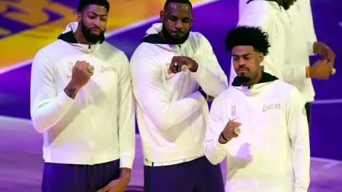 Anthony Davis, LeBron James and Quinn Cook. (Getty)
