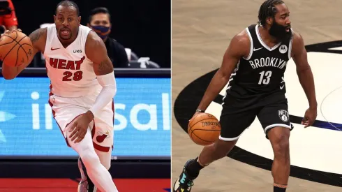 Andre Igoudala (left) of the Miami Heat and James Harden (right) of the Brooklyn Nets. (Getty)
