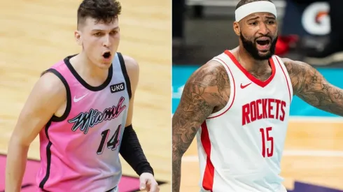 Tyler Herro (left) of the Miami Heat and  DeMarcus Cousins (right) of the Houston Rockets. (Getty)
