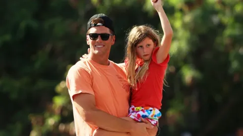 Tom Brady and his daughter during the Super Bowl LV celebrations. (Getty)
