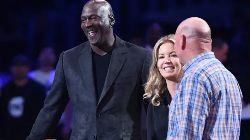 Michael Jordan, Jeanie Buss and Steve Ballmer during the 2019 All-Star Game.
