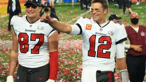 Rob Gronkowski and Tom Brady after winning Super Bowl LV. (Getty)
