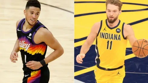 Devin Booker (left) & Domantas Sabonis. (Getty)
