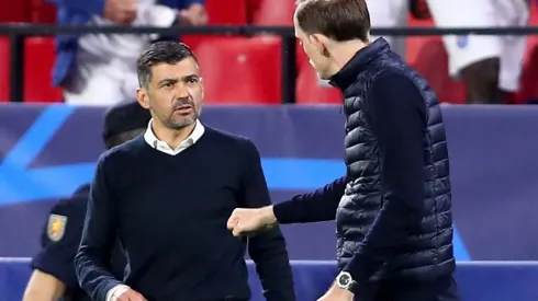 Sergio Conceicao, Head Coach of Porto interacts with Thomas Tuchel, Manager of Chelsea at full-time after the UEFA Champions League Quarter Final Second Leg match between Chelsea FC and FC Porto (Getty)
