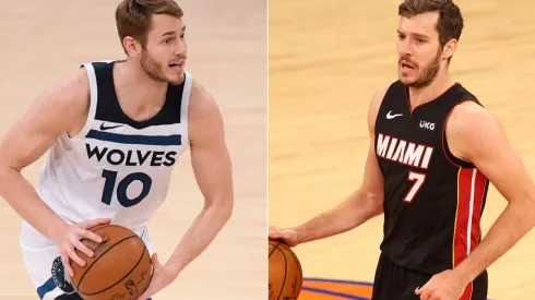 Jake Layman (left) of the Minnesota Timberwolves and  Goran Dragic (right) of the Miami Heat. (Getty)
