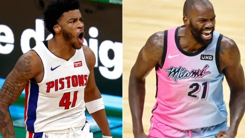 Saddiq Bey of the Detroit Pistons (left) and Dewayne Dedmon of the Miami Heat (right). (Getty).jpg
