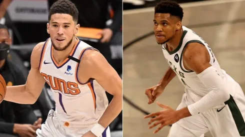 Devin Booker (left) & Giannis Antetokounmpo. (Getty)
