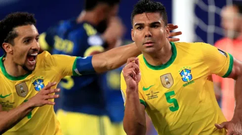 Marquinhos (left) and Casemiro of Brazil celebrate a goal against Colombia (Getty).
