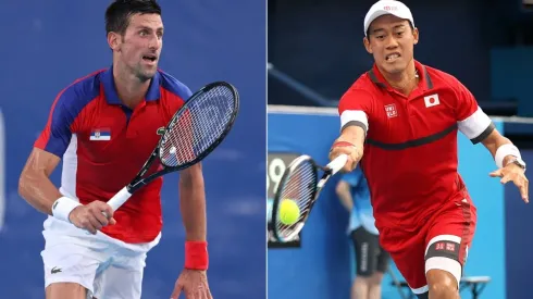 Novak Djokovic and Kei Nishikori face off for a place in the Tokyo 2020 Olympics men's tennis semifinals. (Getty)
