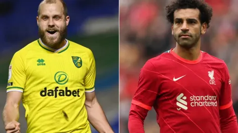 Teemu Pukki of Norwich (left) and Mohamed Salah of Liverpool (right). (Getty)
