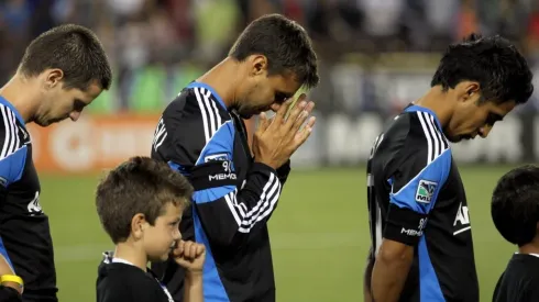 Sam Cronin #4 (L), Chris Wondolowski #8 and Rafael Baca #30 (R) of the San Jose Earthquakes pause for a moment of silence for the victims of September 11, 2001 before their game against the Chicago Fire at Buck Shaw Stadium on September 10, 2011 in Santa Clara, California. (Getty)
