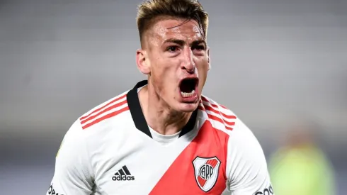 Braian Romero of River Plate celebrates his goal against Independiente on Matchday 10 of the 2021 Argentine Liga Profesional. (Getty)
