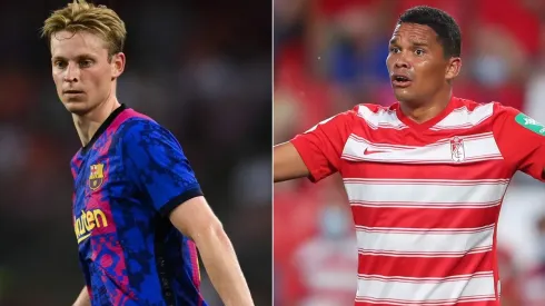 Frenkie de Jong of Barcelona (left) and Carlos Bacca of Granada.
