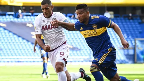 Jose Sand of Lanus against Frank Fabra of Boca Juniors in a game corresponding to the Copa de la Liga Profesional.
