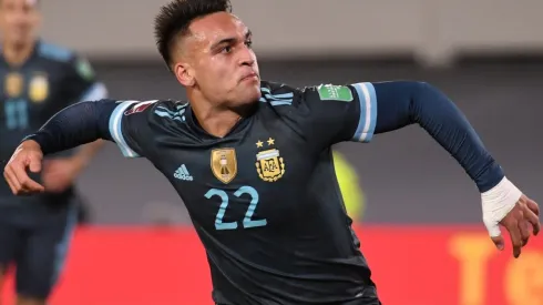 Lautaro Martinez of Argentina celebrates after scoring against Peru.