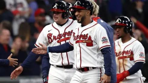 Atlanta Braves players celebrate.
