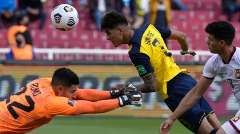 Piero Hincapie of Ecuador heads the ball to score against Venezuela.
