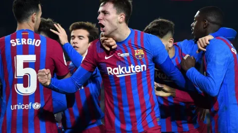 Barcelona players celebrate after scoring
