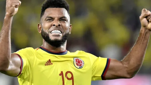 Miguel Borja of Colombia celebrates after scoring a goal.
