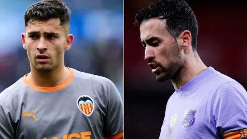 Hugo Duro of Valencia CF and Sergio Busquets of FC Barcelona
