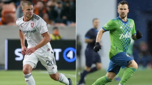 Real Salt Lake defender Erik Holt (left) and Seattle Sounders midfielder Albert Rusnak
