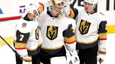 LTR: Alex Pietrangelo, Zach Whitecloud, Laurent Brossoit of Vegas Golden Knights
