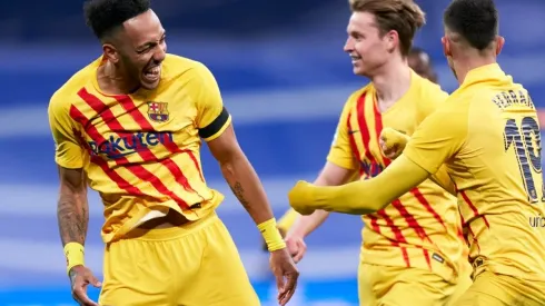 Pierre-Emerick Aubameyang of FC Barcelona celebrates after scoring his team's fourth goal