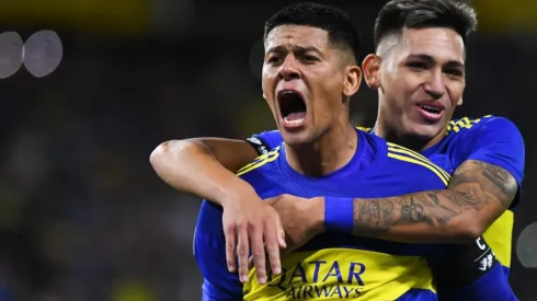 Marcos Rojo of Boca Juniors celebrates with teammate Luis Vazquez
