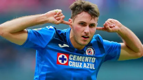 Santiago Gimenez of Cruz Azul celebrates after scoring his team's first goal during a Liga MX match
