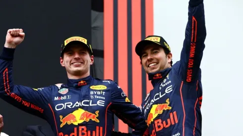 Max Verstappen and Sergio Perez of Red Bull Racing