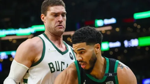 Jayson Tatum of the Boston Celtics and Brook Lopez of the Milwaukee Bucks
