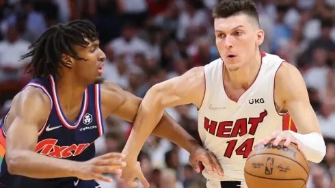 Tyler Herro of the Miami Heat against Tyrese Maxey of the Philadelphia 76ers
