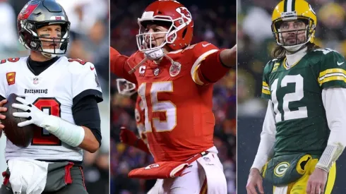 Tom Brady of Tampa Bay Buccaneers, Patrick Mahomes of Kansas City Chiefs and Aaron Rodgers of the Green Bay Packers
