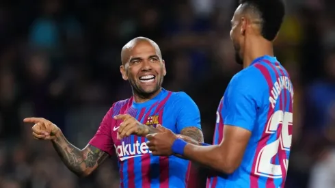 Pierre-Emerick Aubameyang of FC Barcelona celebrates with Dani Alves