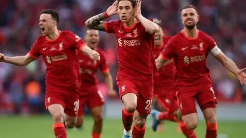 Kostas Tsimikas of Liverpool celebrates FA Cup title
