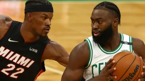 Jaylen Brown of the Boston Celtics against Jimmy Butler of the Miami Heat
