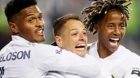 Javier Hernandez of Los Angeles FC celebrates his goal with Rayan Raveloson and Kevin Cabral
